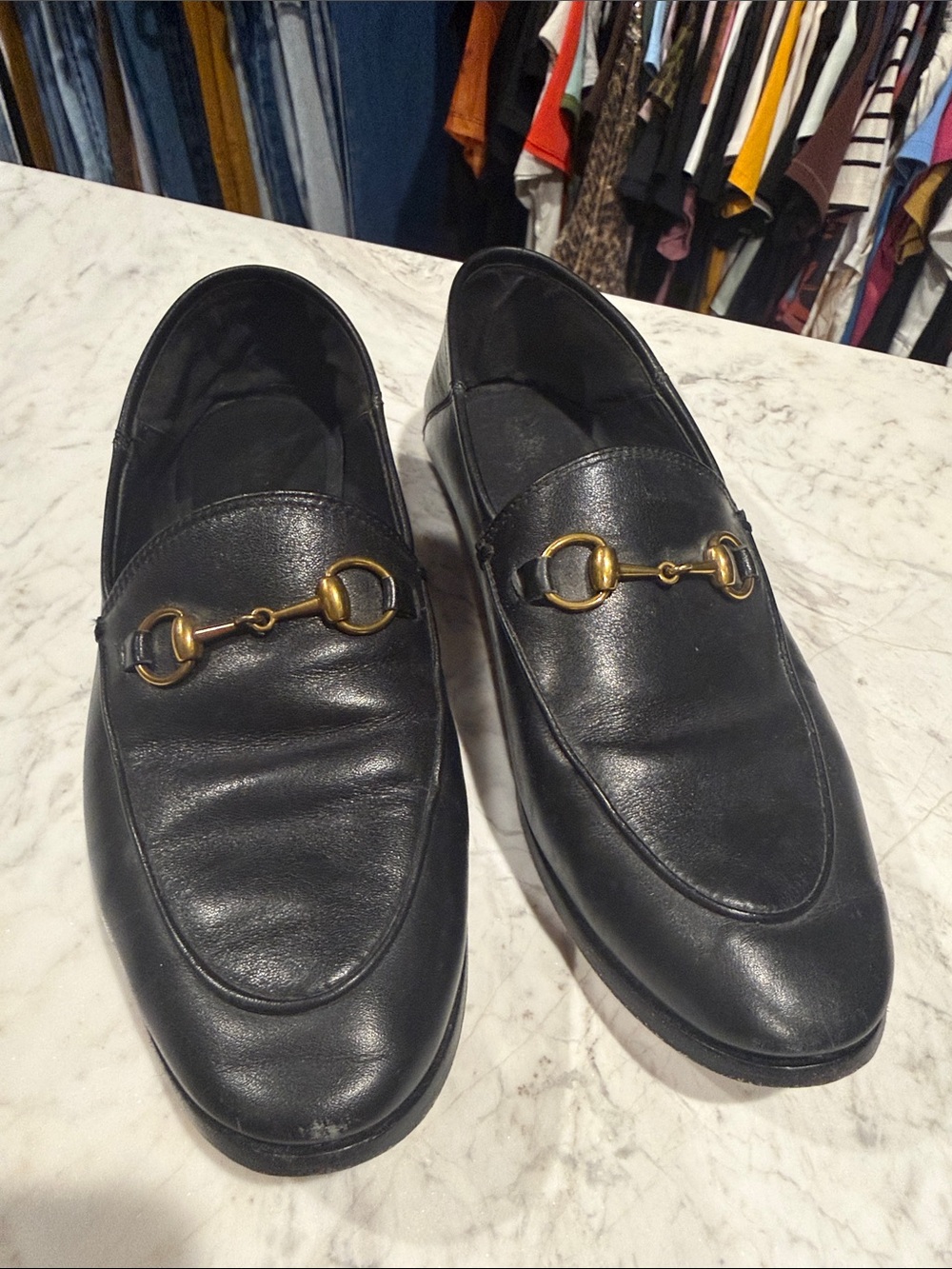 Gucci Black Leather Horsebit Loafers with Gold Hardware